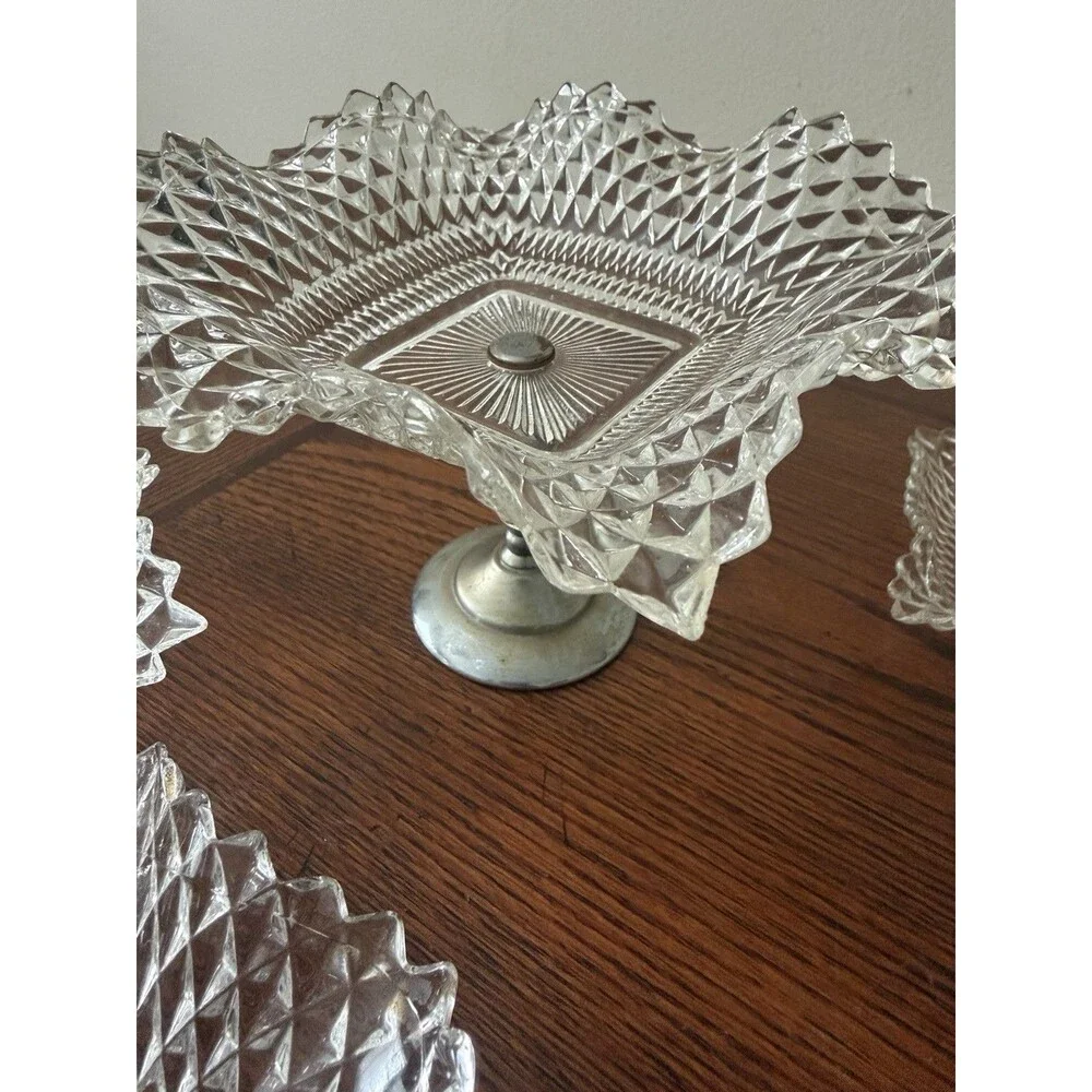 Vintage Clear Diamond Square Glass 5 Candy Dishes with Silver Pedestal